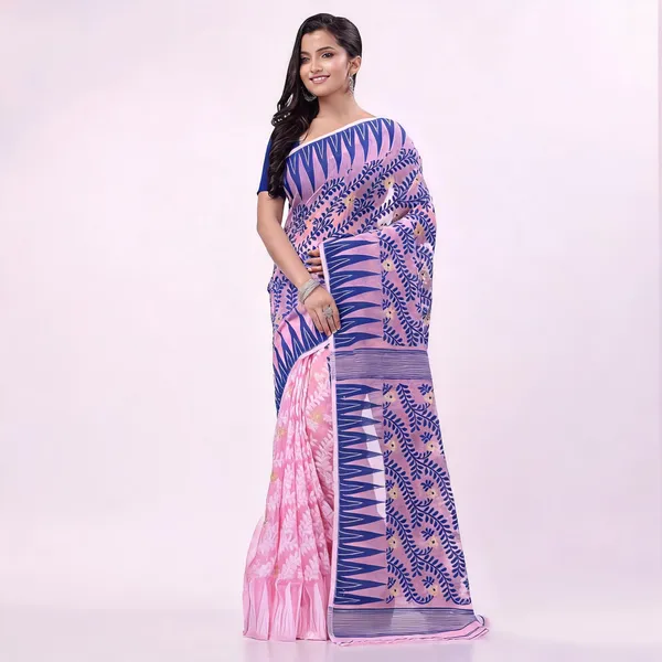 Deep_Blue_Pink_Cotton_Woven_Jamdani_Saree_For_Women