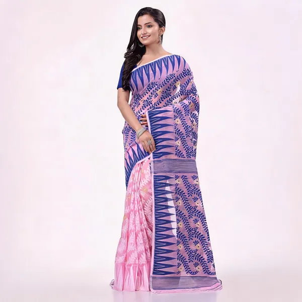 Deep_Blue_Pink_Cotton_Woven_Jamdani_Saree_For_Women
