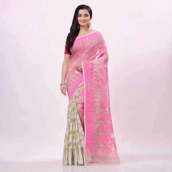 Pink_Off_White_Cotton_Floral_Resham_Dhakai_Jamdani_Saree_For_Women