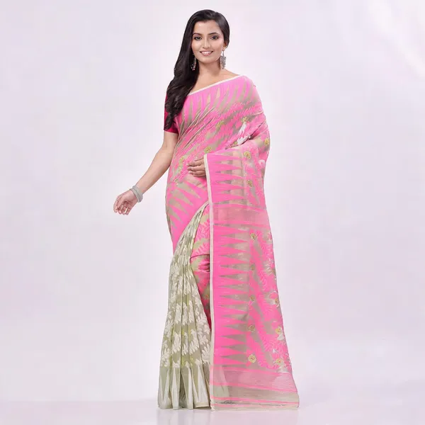 Pink_Off_White_Cotton_Floral_Resham_Dhakai_Jamdani_Saree_For_Women