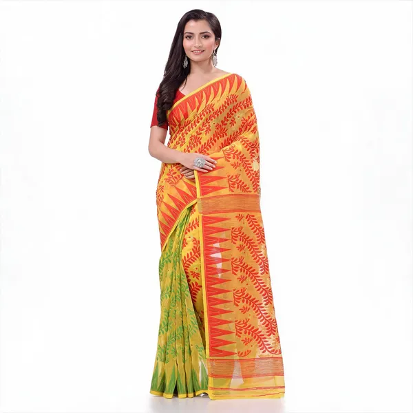 Red_Yellow_Green_Cotton_Floral_Resham_Dhakai_Jamdani_Saree_For_Women