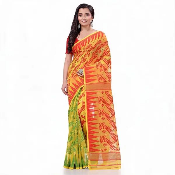 Red_Yellow_Green_Cotton_Floral_Resham_Dhakai_Jamdani_Saree_For_Women