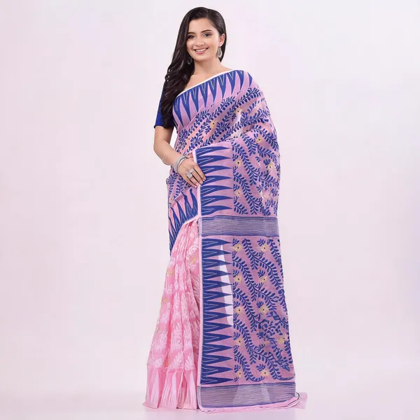 Deep_Blue_Pink_Cotton_Jamdani_Handloom_Floral_Saree_For_Women