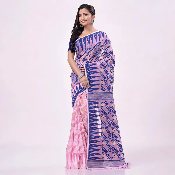 Deep_Blue_Pink_Cotton_Jamdani_Handloom_Floral_Saree_For_Women