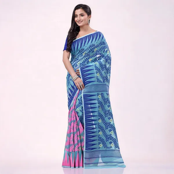 Pink_Blue_Cotton_Woven_Dhakai_Jamdani_Saree_For_Women