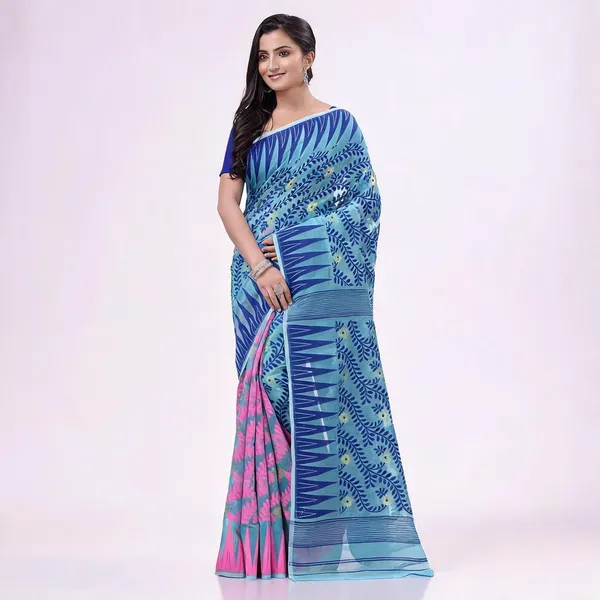 Pink_Blue_Cotton_Woven_Dhakai_Jamdani_Saree_For_Women