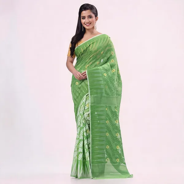 Green_White_Cotton_Floral_Woven_Dhakai_Jamdani_Saree_For_Women