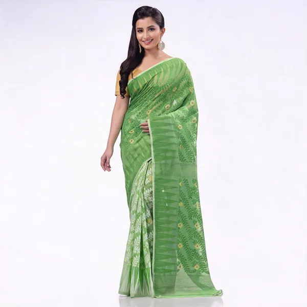 Green_White_Cotton_Floral_Woven_Dhakai_Jamdani_Saree_For_Women