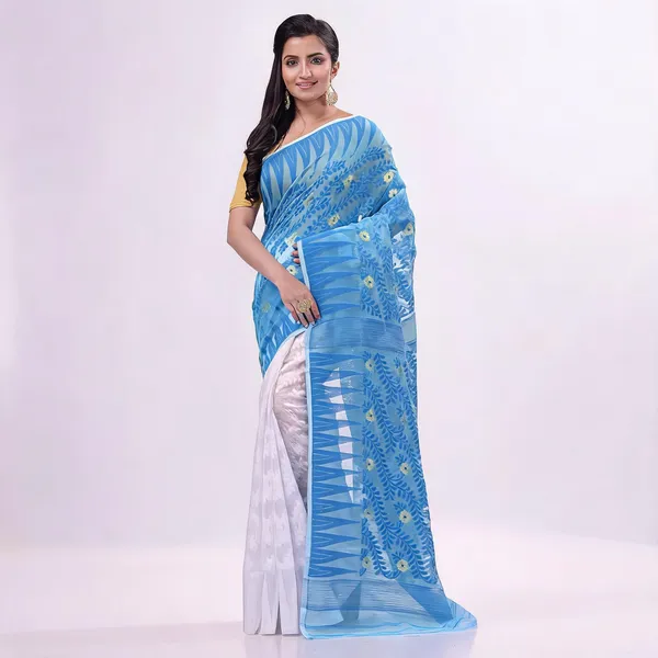 Sky_Blue_White_Cotton_Dhakai_Jamdani_Handloom_Floral_Saree_For_Women