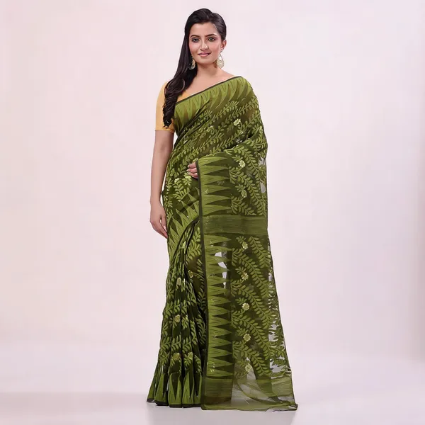 Dark_Green_Cotton_Handloom_Resham_Jamdani_Saree_For_Women