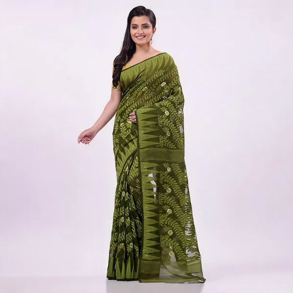 Dark_Green_Cotton_Handloom_Resham_Jamdani_Saree_For_Women