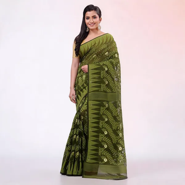 Dark_Green_Cotton_Dhakai_Jamdani_Handloom_Floral_Saree_For_Women