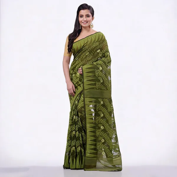 Dark_Green_Cotton_Dhakai_Jamdani_Handloom_Floral_Saree_For_Women