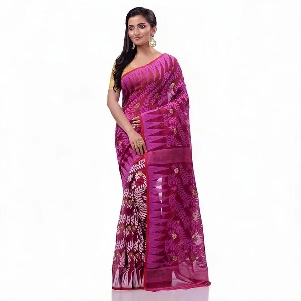 Plum_Cotton_Woven_Floral_Dhakai_Jamdani_Handloom_Saree_For_Women