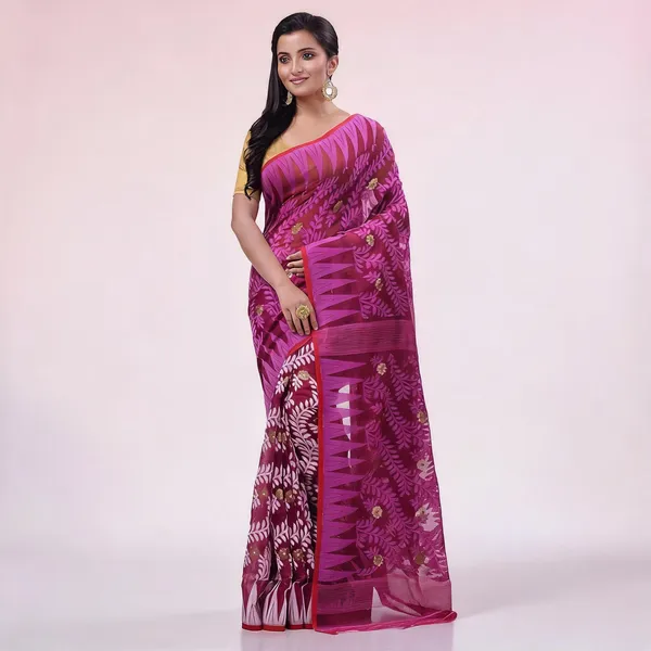 Plum_Cotton_Woven_Floral_Dhakai_Jamdani_Handloom_Saree_For_Women