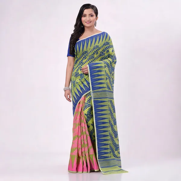 Pink_Blue_Yellow_Cotton_Woven_Jamdani_Saree_For_Women