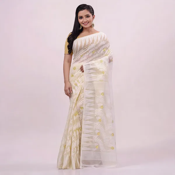 Off_White_Cotton_Floral_Resham_Dhakai_Jamdani_Saree_For_Women