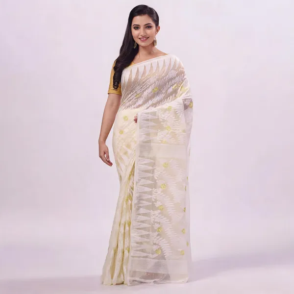 Off_White_Cotton_Floral_Resham_Dhakai_Jamdani_Saree_For_Women