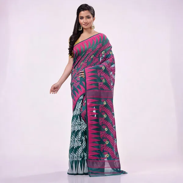 Firoza_Pink_Cotton_Woven_Floral_Dhakai_Jamdani_Saree_For_Women