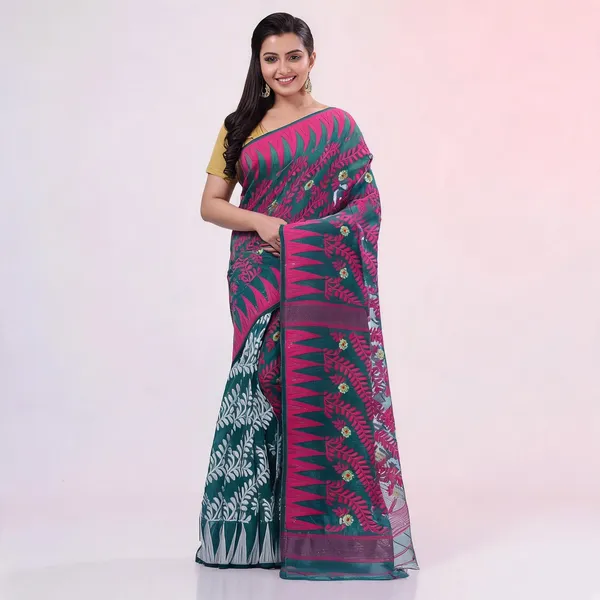 Firoza_Pink_Cotton_Woven_Floral_Dhakai_Jamdani_Saree_For_Women