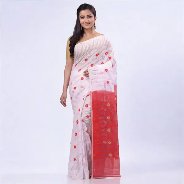 White_Red_Cotton_Woven_Floral_Dhakai_Jamdani_Saree_For_Women