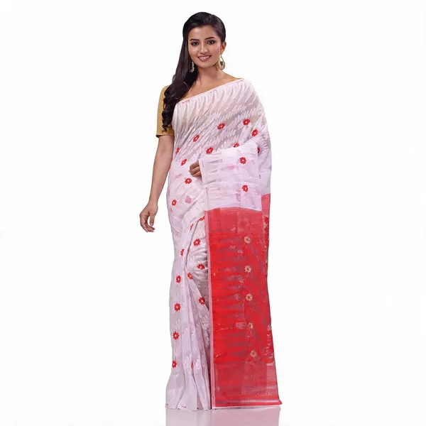 White_Red_Cotton_Woven_Floral_Dhakai_Jamdani_Saree_For_Women