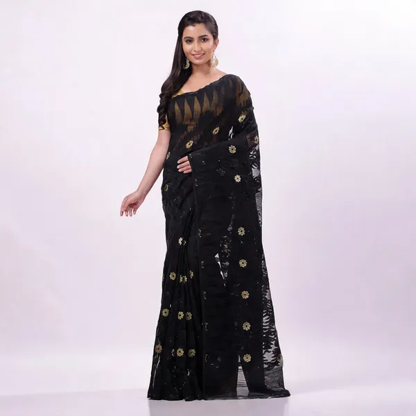 Black_Cotton_Resham_Floral_Jamdani_Saree_For_Women