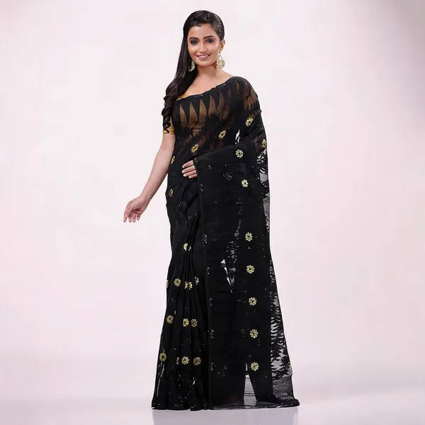 Black_Cotton_Resham_Floral_Jamdani_Saree_For_Women