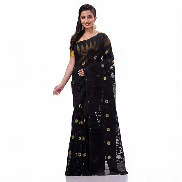 Black_Cotton_Floral_Woven_Dhakai_Jamdani_Saree_For_Women