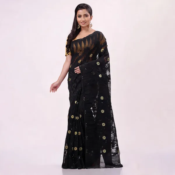 Black_Cotton_Floral_Woven_Dhakai_Jamdani_Saree_For_Women