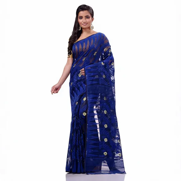 Deep_Blue_Cotton_Woven_Floral_Dhakai_Jamdani_Saree_For_Women