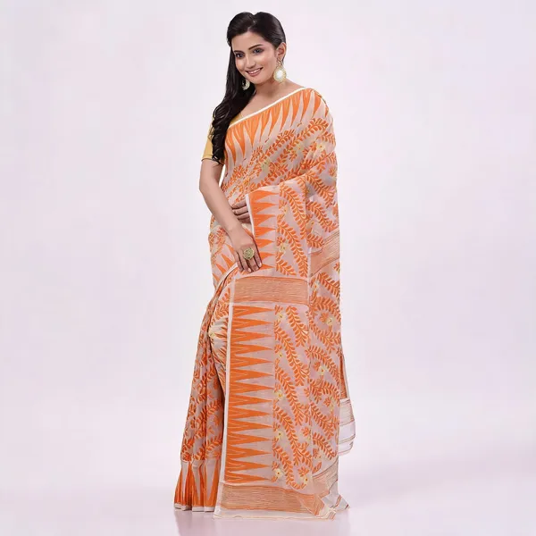 Orange_Pure_Cotton_Resham_Dhakai_Jamdani_Handloom_Saree_For_Women
