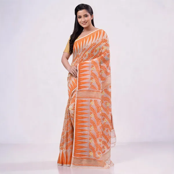 Orange_Pure_Cotton_Resham_Dhakai_Jamdani_Handloom_Saree_For_Women