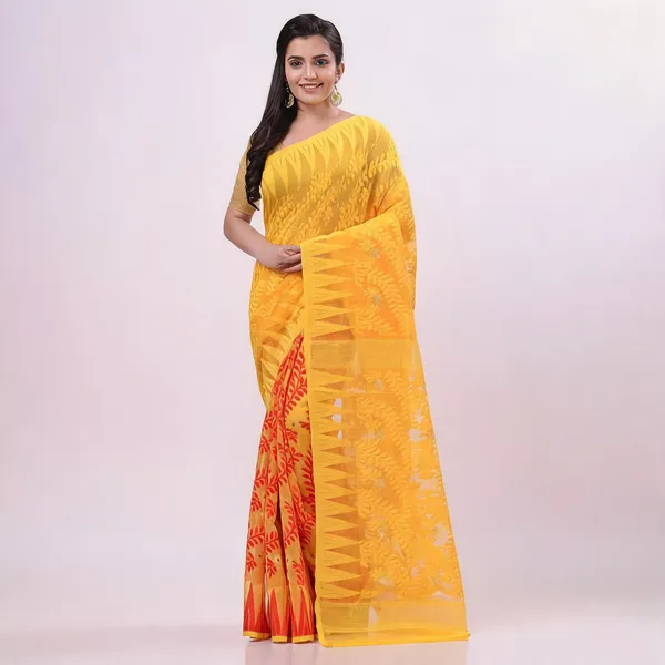 Yellow_Red_Cotton_Resham_Dhakai_Jamdani_Handloom_Saree_For_Women