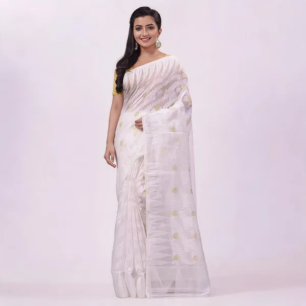 White_Cotton_Woven_Floral_Resham_Dhakai_Jamdani_Saree_For_Women