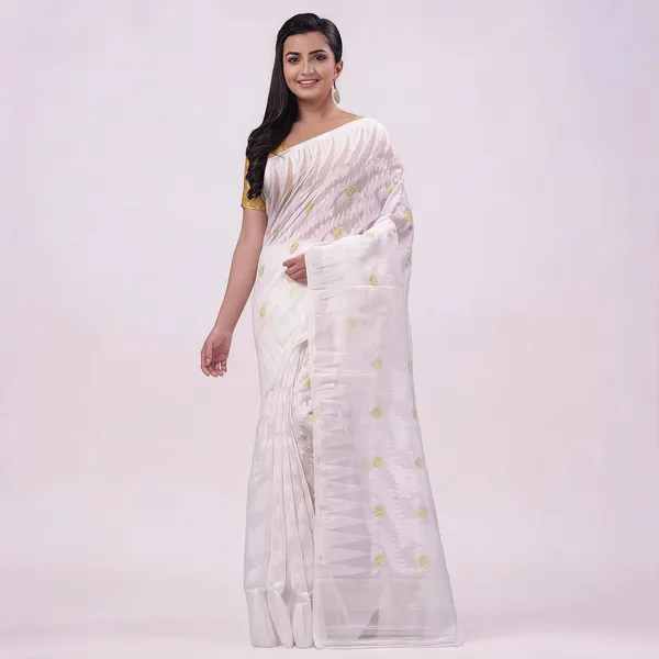 White_Cotton_Woven_Floral_Resham_Dhakai_Jamdani_Saree_For_Women