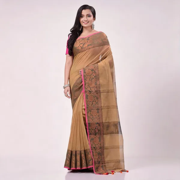 Gold_Cotton_Blend_Handloom_Printed_Saree_With_Blouse_Piece_For_Women