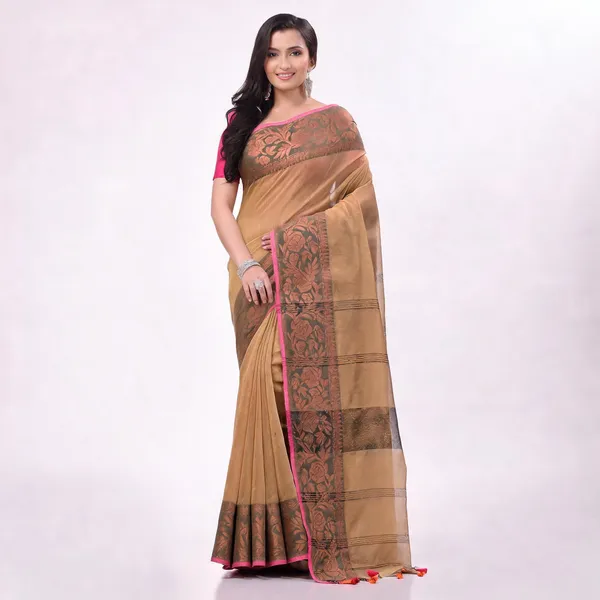 Gold_Cotton_Blend_Handloom_Printed_Saree_With_Blouse_Piece_For_Women
