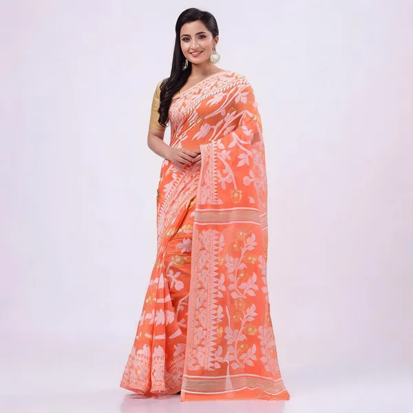 Orange_Cotton_Resham_Floral_Jamdani_Saree_For_Women