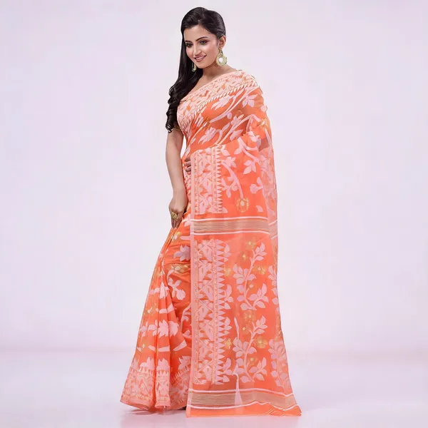Orange_Cotton_Resham_Floral_Jamdani_Saree_For_Women