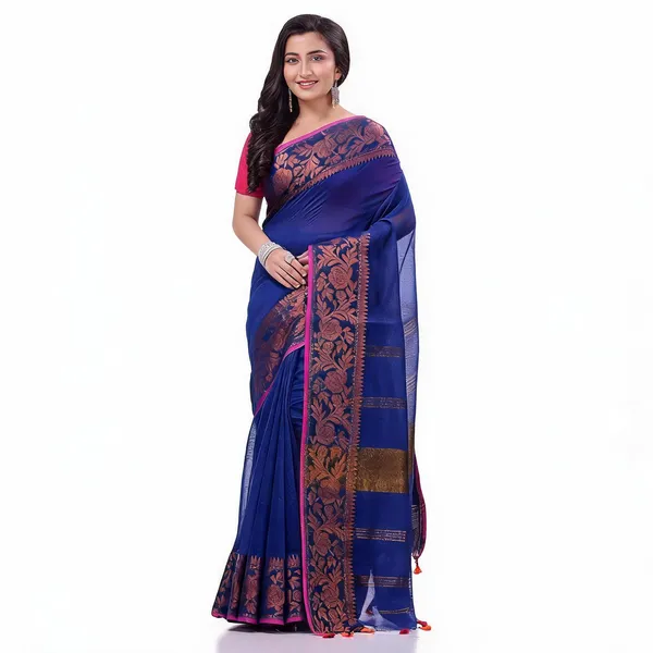 Deep_Blue_Cotton_Blend_Handloom_Solid_Woven_Saree_With_Blouse_For_Women