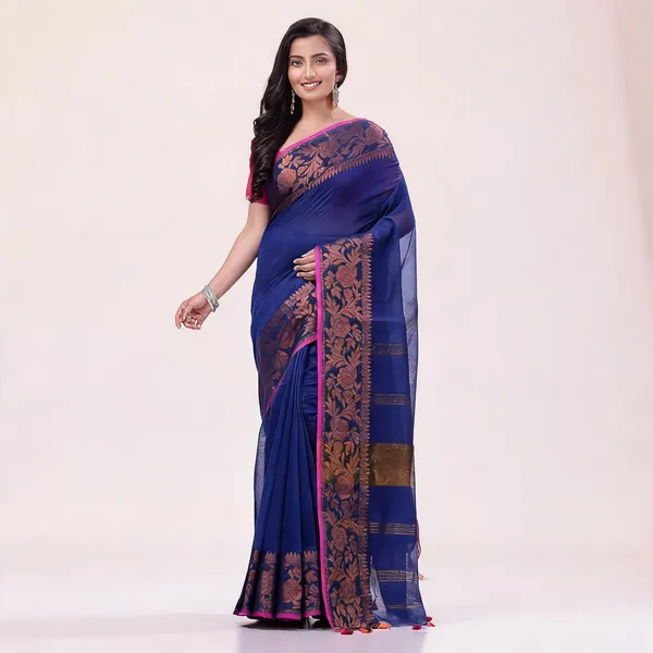 Deep_Blue_Cotton_Blend_Handloom_Solid_Woven_Saree_With_Blouse_For_Women