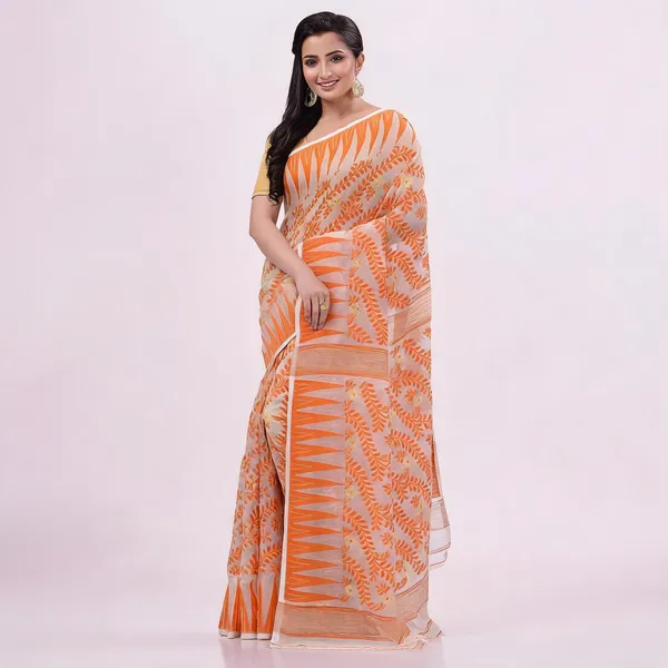 Off_Orange_Cotton_Floral_Jamdani_Woven_Saree_For_Women