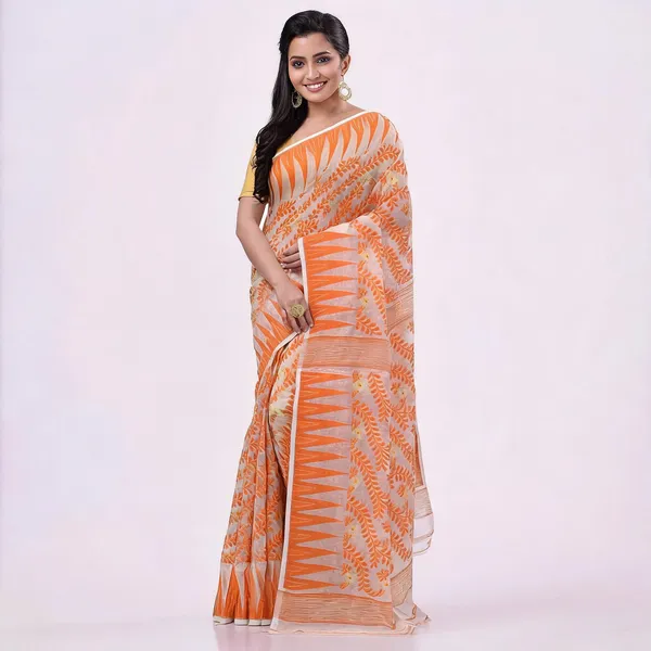 Off_Orange_Cotton_Floral_Jamdani_Woven_Saree_For_Women