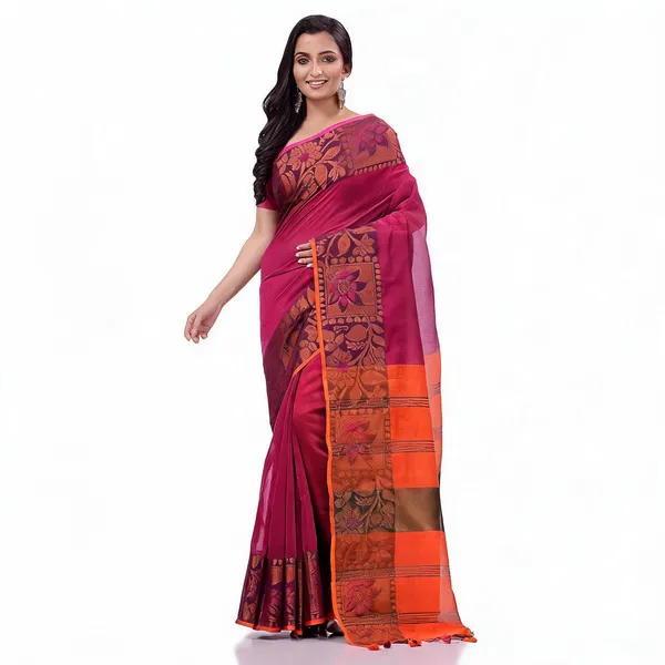 Pink_Orange_Cotton_Blend_Floral_Handloom_Saree_With_Blouse_Piece_For_Women