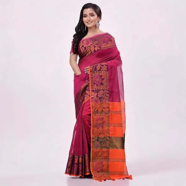 Pink_Orange_Cotton_Blend_Floral_Handloom_Saree_With_Blouse_Piece_For_Women