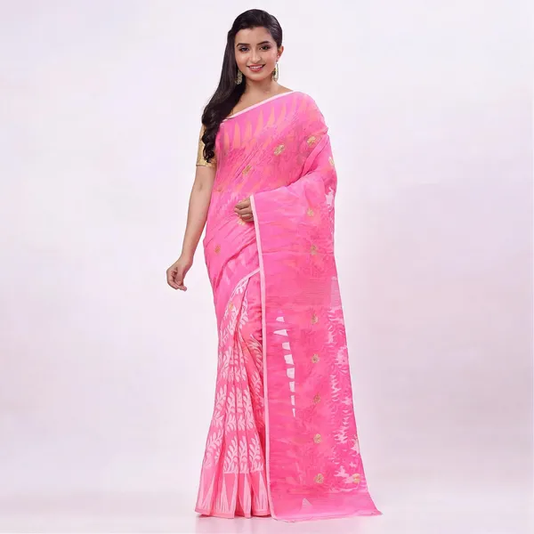 Pink_Cotton_Woven_Floral_Resham_Dhakai_Jamdani_Saree_For_Women