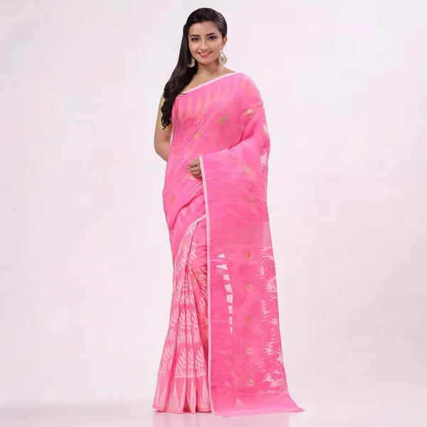 Pink_Cotton_Woven_Floral_Resham_Dhakai_Jamdani_Saree_For_Women