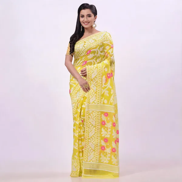 Yellow_Cotton_Woven_Jamdani_Saree_For_Women