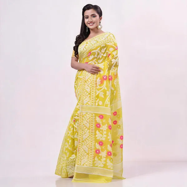 Yellow_Cotton_Woven_Jamdani_Saree_For_Women